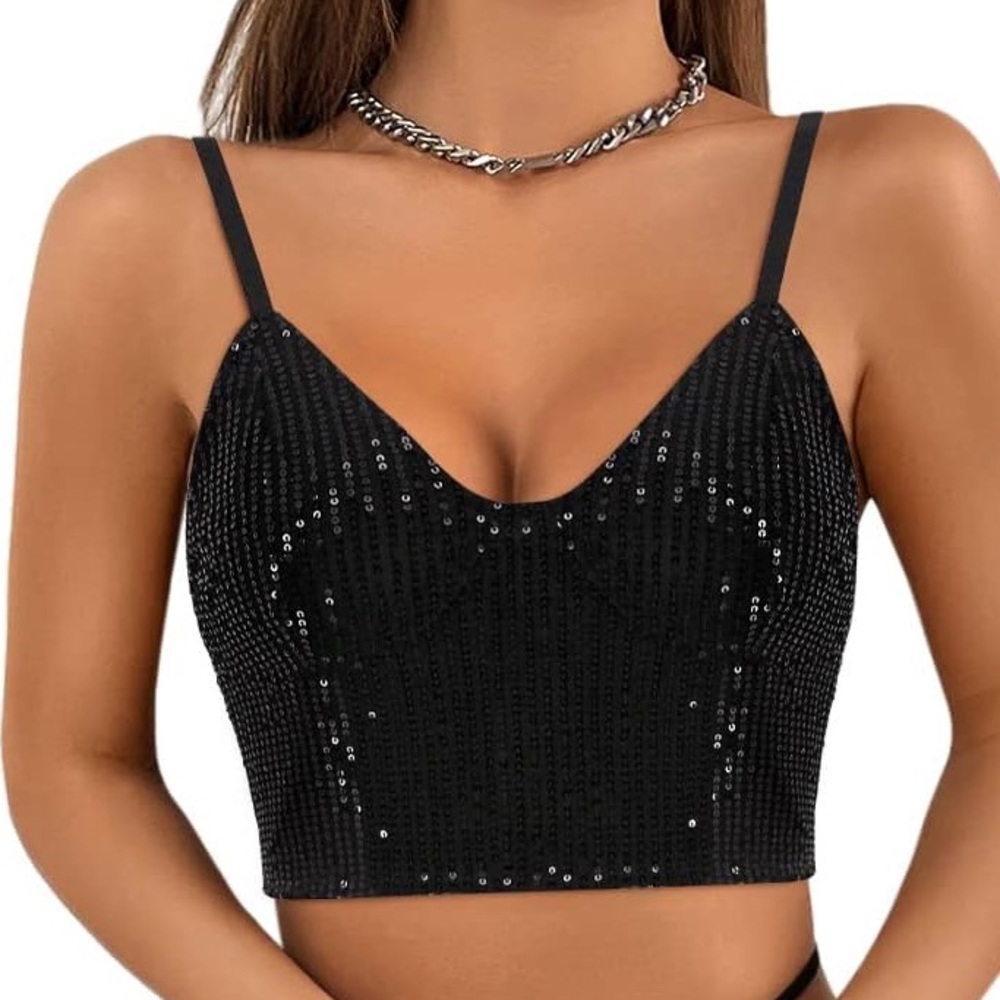 NWT- Black Sequin Crop Top